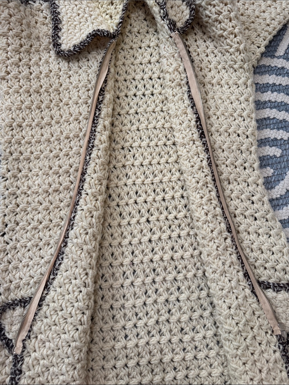 Vintage Handmade Crochet Hooded Longline Cardigan Sweater Cream Brown Boho - Picture 6 of 6
